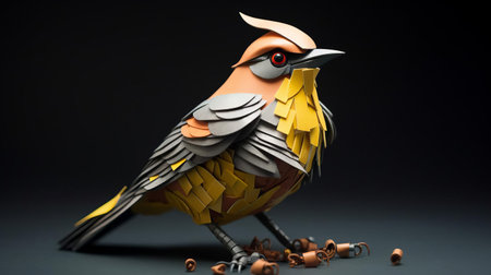 the cedar waxwing, a bird species known for its sleek crest and masked face, is reimagined in a stunning 3d character portrait, boasting comically exaggerated bulging eyes that evoke a sense of whimsy and wonder, blending hyper-realistic sci-fi elements with the subtle, emotive expressions reminiscent of the barbizon school, while incorporating tactile felt creations and deliberate overexposure to add remarkable texture and depth to thisの素材