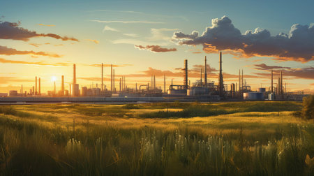 industrial landscape stretches across the horizon, featuring a serene grassy field, warm earthy tones, and hyper-realistic details, masterfully captured during the golden hour, when the soft, warm light of the setting sun casts a magical glow on the entire scene. ai generatedの素材