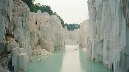 the quarry in thailand stands out against a backdrop of lush greenery, its rugged edges softened by the warm, golden tones of analog film photography, which captures the subtle textures of the white sand and surrounding landscape in a dreamy, nostalgic haze. ai generatedの素材