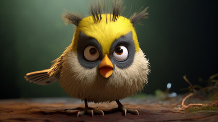 the goldcrest, perched on a twig, gazes intensely with comically bulging eyes, its plumage rendered in exquisite hyper-realistic sci-fi detail, evoking the subtle emotional expressions of the barbizon school, while incorporating tactile felt creations and deliberate overexposure to add depth and texture to this whimsical, lifelike 3d character portrait. ai generatedの素材