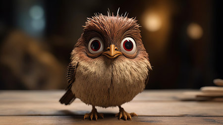 the carolina wren, a vibrant bird species, is reimagined in a stunning 3d character, boasting comical bulging eyes that exude intense emotion, reminiscent of the barbizon school's subtle expressions, while incorporating felt creations and overexposure to add remarkable texture and depth, evoking a hyper-realistic sci-fi aesthetic. ai generatedの素材