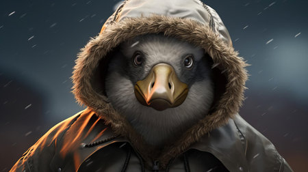 the canada goose stands proudly, its comical bulging eyes radiating intense emotion, as if plucked from a hyper-realistic sci-fi universe, while subtle expressions reminiscent of the barbizon school add a touch of elegance to this whimsical creature, set against a backdrop of felt creations and overexposure, evoking a sense of texture and depth. ai generatedの素材