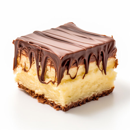 boston cream pie brownies, richly decorated with velvety chocolate ganache and creamy filling, sit elegantly on a pristine white background, showcasing their decadent texture and vibrant colors in this high-resolution 8k real photo, perfect for food bloggers, pastry enthusiasts, and dessert lovers alike. ai generatedの素材