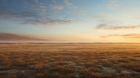 the barren landscape stretches out before us, featuring a lush grassy field that stands out against the earthy tones of the surrounding terrain, with hyper-realistic details that transport us to a serene atmosphere, captured during the warm golden hour with the horizon stretching out in the background. ai generatedの素材