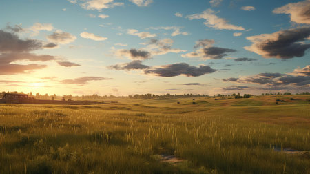 the landscape presents an idyllic scene of a serene grassy field, characterized by earthy tones and hyper-realistic details, masterfully captured during the warm golden hour, with the vast horizon stretching into the background, evoking a sense of tranquility and natural beauty. ai generatedの素材