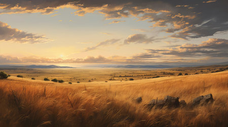 the landscape, bathed in warm golden hour light, features a serene grassy field with earthy tones, showcasing hyper-realistic details, as the horizon stretches into the distance, evoking a sense of tranquility and emotional depth, perfect for nature lovers and photography enthusiasts. ai generatedの素材