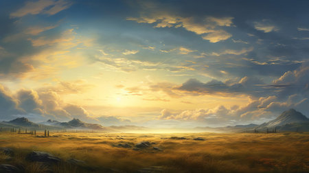 the landscape unfolds with an ethereal quality, featuring a lush grassy field that stretches towards the horizon, set against a backdrop of warm earthy tones, showcasing hyper-realistic details that seem to leap off the frame, all perfectly captured during the soft, golden hour. ai generatedの素材