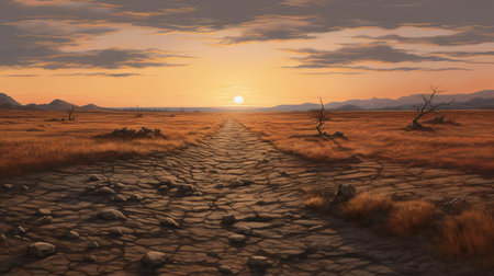 the barren landscape stretches out before us, featuring a serene grassy field that contrasts beautifully with the earthy tones of the surrounding terrain, showcasing hyper-realistic details that transport us to a tranquil atmosphere, all captured during the warm, golden hour with the vast horizon stretching out in the background. ai generatedの素材
