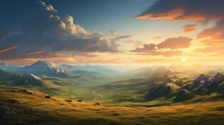 mountain landscape unfolds with a serene grassy field, earthy tones, and hyper-realistic details, masterfully captured during the warm golden hour, with the horizon stretching into the background, evoking a sense of tranquility and awe-inspiring natural beauty. ai generatedの素材