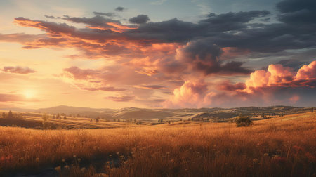 the landscape unfolds as a serene and mystical scene, featuring a lush grassy field that stretches towards the horizon, set against a backdrop of warm earthy tones, with hyper-realistic details that transport the viewer to a tranquil atmosphere, perfectly captured during the golden hour's soft, warm light. ai generatedの素材