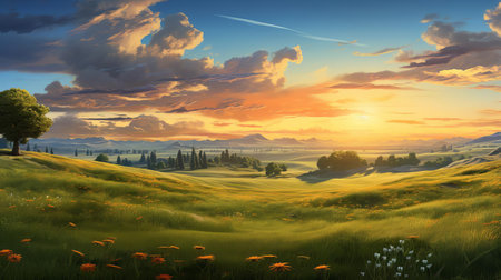 the landscape unfolds as a serene idyll, with a lush green grassy field stretching towards the horizon, set against a warm earthy tone backdrop, showcasing hyper-realistic details, all bathed in the soft, golden light of the golden hour, evoking a sense of peaceful tranquility and natural beauty. ai generatedの素材