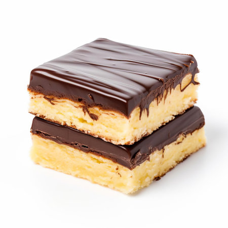 boston cream pie brownies, richly decorated with velvety chocolate ganache and creamy filling, sit elegantly on a pristine white background, showcasing their decadent texture and indulgent appeal, perfect for dessert lovers and food enthusiasts seeking high-quality, mouthwatering treats. ai generatedの素材