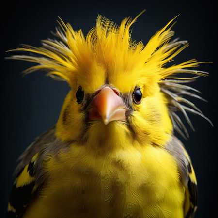 the american goldfinch showcases its vibrant yellow plumage and distinctive black cap in this stunning close-up portrait, expertly captured in a surreal fashion photography style that highlights the bird's intricate facial features and mesmerizing gaze, evoking a sense of wonder and awe in wildlife enthusiasts and nature lovers alike. ai generatedの素材