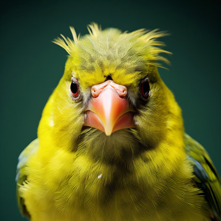 the greenfinch, with its vibrant yellow wing bars and olive-green back, is showcased in stunning detail in this close-up face photograph, expertly captured in a vibrantly surreal fashion, highlighting the bird's intricate feathers and expressive eyes, perfect for nature and wildlife enthusiasts. ai generatedの素材