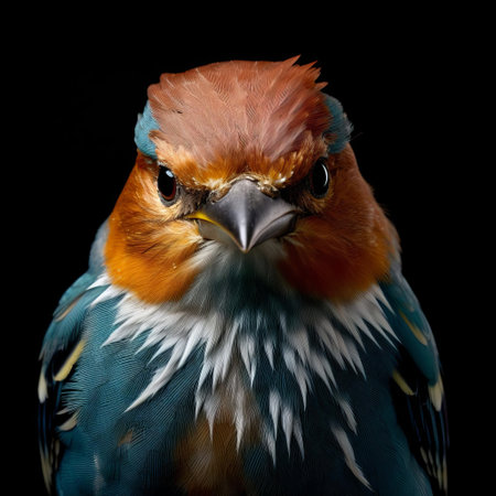 the chaffinch, with its striking plumage and vibrant colors, is showcased in a stunning close-up portrait, highlighting the intricate details of its face, as captured through the lens of a skilled wildlife photographer in a surreal and artistic fashion photography style, evoking a sense of wonder and awe. ai generatedの素材