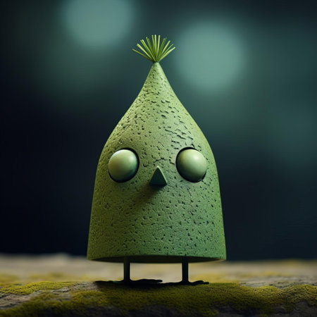 this vibrant green bird figurine, reminiscent of evgeni gordiets' whimsical style, boasts intricately painted eyes on its head, showcasing the artist's attention to detail, much like clemens ascher's inventive character designs, set against a backdrop of spiky mounds, evoking a sense of concrete, three-dimensional artistry. ai generatedの素材