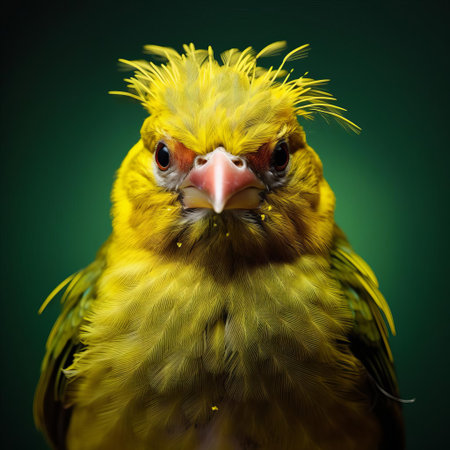 the greenfinch, with its vibrant yellow wing bars and olive-green back, gazes intensely into the lens, its tiny beak and bright eyes taking center stage in this stunning, surreal close-up portrait, showcasing the beauty of nature in high-contrast, fine-art fashion photography. ai generatedの素材