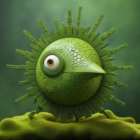 this intricately designed astrolabe features a vibrant green bird figurine with striking painted eyes on its head, showcasing a unique blend of artistic styles reminiscent of evgeni gordiets, clemens ascher, and didier lourenco, characterized by inventive character designs, concrete forms, and spiky mounds, captured in a captivating close-up shot. ai generatedの素材