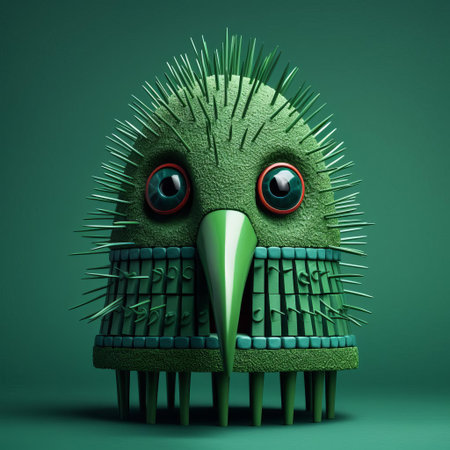 the birdcage, adorned with a vibrant green bird figurine featuring intricately painted eyes, showcases a unique blend of whimsical and industrial elements, reminiscent of renowned artists evgeni gordiets and clemens ascher, with hints of concrete and spiky mounds styles, captured in a stunning close-up shot. ai generatedの素材