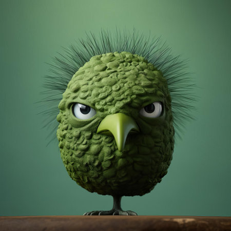 the vibrant green bird figurine, reminiscent of evgeni gordiets' whimsical style, boasts intricately painted eyes on its head, evoking the imaginative world of clemens ascher and didier lourenco's inventive character designs, set against a backdrop of spiky mounds, captured in a stunning close-up shot. ai generatedの素材