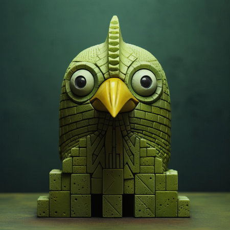 the figurine, reminiscent of evgeni gordiets' and clemens ascher's inventive character designs, sits atop a spiky mound, its vibrant green body and intricately painted eyes drawing the viewer in, evoking the whimsical style of concrete art, as seen in the close-up shot of this unique decorative piece. ai generatedの素材