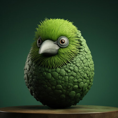 the vibrant green bird figurine, reminiscent of renowned artists evgeni gordiets and clemens ascher, boasts intricately painted eyes on its head, showcasing a unique blend of concrete and inventive character designs, with spiky mounds adding a touch of whimsy, captured in a stunning close-up shot. ai generatedの素材