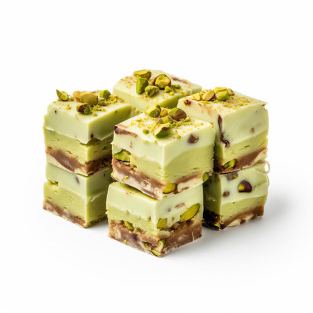 pistachio kulfi brownies, freshly baked and decadently rich, sit isolated on a pristine white background, showcasing their velvety texture and vibrant green hue, perfect for food bloggers, dessert enthusiasts, and anyone craving a sweet indian-inspired treat. ai generatedの素材