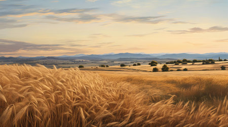 the landscape unfolds with serene majesty, showcasing a lush grassy field in earthy tones, where hyper-realistic details transport viewers to a tranquil atmosphere, masterfully captured during the golden hour with the horizon subtly fading into the background, evoking a sense of natural harmony and peacefulness. ai generatedの素材