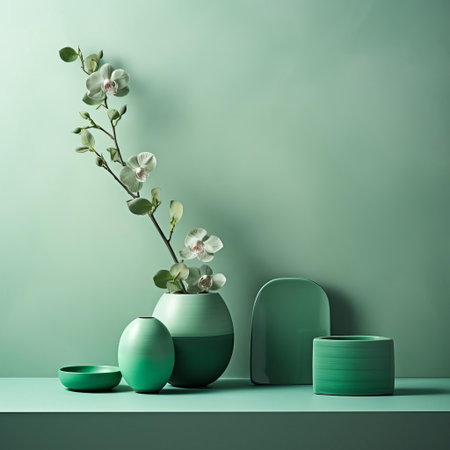 the serene jade green background, infused with calming jade green tones, exudes a sense of tranquility and relaxation, perfect for creating a soothing atmosphere in interior design, photography, and digital art projects, evoking feelings of nature and harmony. ai generatedの素材