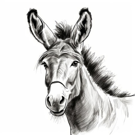a donkey stands out against a pristine white background in this whimsical clipart drawing, brought to life with bold black sketch lines and minimalistic details, perfect for adding a touch of rustic charm to any design or illustration project. ai generatedの素材