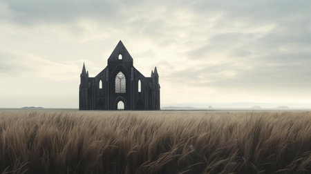 the cathedral stands majestically alone in a vast field of tall grass, showcasing a stunning blend of contemporary minimalist and gothic revival styles, characterized by sculptural aesthetics, light gray and dark black hues, and muted colours, evoking a sense of serenity and coastal views. ai generatedの素材