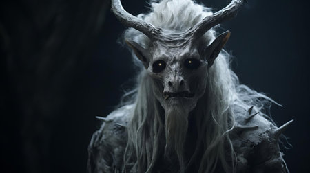 the wendigo hybrid, a mythical creature from native american folklore, is captured in this haunting portrait photograph, its humanoid body and antlers blending seamlessly, evoking a sense of eeriness and mystique, perfect for fans of dark fantasy and supernatural art. ai generatedの素材