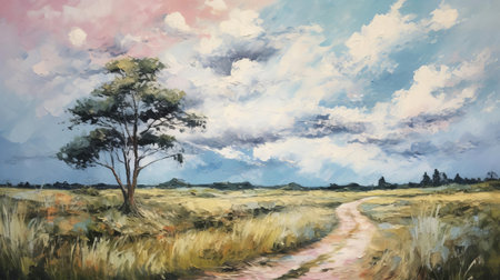 mountainous landscape unfolds in this gestural modern abstract oil painting, characterized by a minimalist abstract palette and heavily textured brushstrokes, as a winding path disappears into the distance, flanked by lush bushes, towering trees, and a vibrant forest, set against a backdrop of majestic cumulus clouds. ai generatedの素材