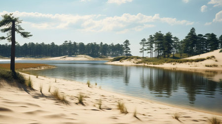 the serene lake's sand dunes, nestled between towering pine trees, create a breathtaking landscape of natural beauty, evoking feelings of tranquility and wonder, perfect for outdoor enthusiasts and nature lovers seeking relaxation and adventure in a picturesque setting. ai generatedの素材