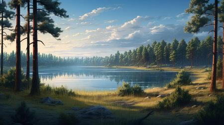the serene lake's coastal plain stretches out between towering pine trees, offering a tranquil atmosphere and picturesque views of the surrounding landscape, perfect for nature lovers and photography enthusiasts to capture the beauty of the lake's shoreline and forest scenery. ai generatedの素材