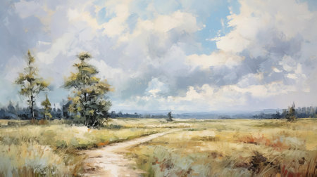 "landscape oil painting features a winding path that disappears into the distance, surrounded by lush bushes, towering trees, and a vibrant forest, all set against a dramatic backdrop of cumulus clouds, masterfully created using a textured abstract palette knife technique in a modern and minimalist style.", ai generatedの素材