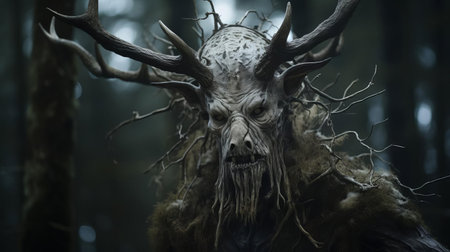 the wendigo hybrid, a mythical creature from native american folklore, is captured in this haunting portrait photograph, its eerie eyes and twisted features evoking a sense of foreboding, blending human and monstrous traits in a chilling representation of supernatural horror and dark fantasy. ai generatedの素材