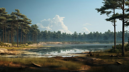 the serene lake's coastal plain stretches calmly between the towering pine trees, offering a tranquil atmosphere and breathtaking scenery, perfect for nature lovers and photographers seeking to capture the beauty of lakeside landscapes and forest surroundings. ai generatedの素材