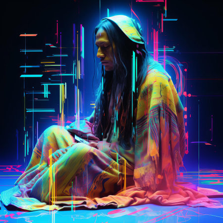 the trail of tears, a pivotal event in american indian removal, is reimagined with a futuristic twist, as a distorted digital landscape of glitch art and vibrant hues, symbolizing the forced relocation of native american tribes, evoking a sense of dislocation and cultural disruption in the digital age. ai generatedの素材