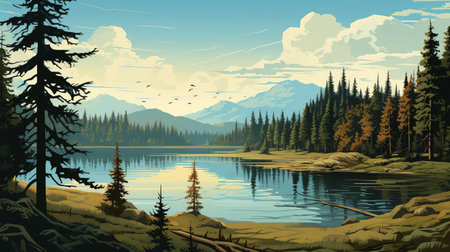 the serene lake, nestled among towering pine trees, reflects the vibrant hues of the surrounding rural landscape, creating a tranquil atmosphere perfect for relaxation and nature exploration, with the gentle rustle of leaves and soft lapping of water against the shore. ai generatedの素材