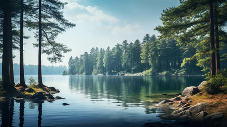 the serene lake, nestled between majestic pine trees, exudes an ethereal aura, its tranquil waters mirroring the surrounding landscape, creating a sense of peaceful coexistence with nature, perfect for relaxation and meditation, evoking feelings of calmness and serenity in this idyllic setting. ai generatedの素材