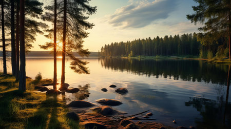 the serene lake, surrounded by lush greenery, peeks through the tall pine trees, offering a tranquil atmosphere in this picturesque rural area, perfect for relaxation and nature lovers, with its calm waters reflecting the beauty of the surrounding landscape. ai generatedの素材