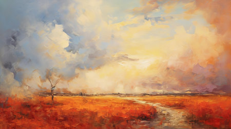 "dramatic landscape oil painting features a winding path disappearing into the distance, surrounded by lush bushes, towering trees, and a vibrant forest, all set against a backdrop of fiery cumulus clouds, expertly crafted with a palette knife and bold, gestural brushstrokes in a modern abstract minimalist style.", ai generatedの素材