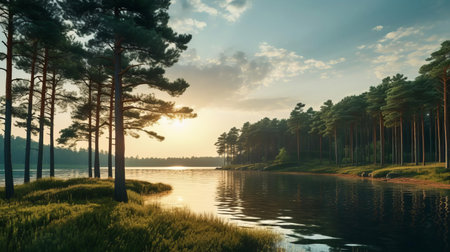the serene lake, nestled in a picturesque rural area, is beautifully framed by towering pine trees, their lush green foliage a stunning contrast to the calm, reflective waters, creating a tranquil atmosphere perfect for relaxation and nature exploration. ai generatedの素材