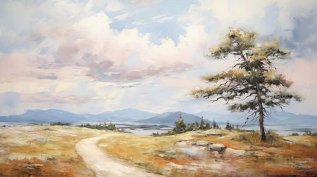 mountainous landscape unfolds in this gestural modern abstract oil painting, characterized by a minimalist abstract palette and heavily textured brushstrokes, evoking a sense of serenity as a winding path disappears into the distance, surrounded by lush bushes, towering trees, and a vibrant forest, set against a backdrop of majestic cumulus clouds in a hike-inspired color palette. ai generatedの素材
