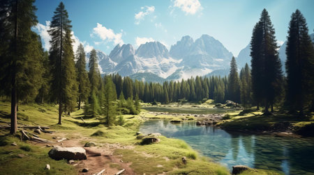 the serene alpine lake, nestled among towering pine trees, reflects the majestic beauty of the surrounding mountains, creating a tranquil atmosphere perfect for nature lovers and outdoor enthusiasts to unwind and connect with the natural world. ai generatedの素材