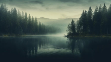 the serene lake, surrounded by majestic pine trees, reflects the vibrant hues of the sky, creating an ethereal landscape that exudes tranquility and peace, perfect for nature lovers and photography enthusiasts seeking breathtaking scenery and outdoor adventures. ai generatedの素材