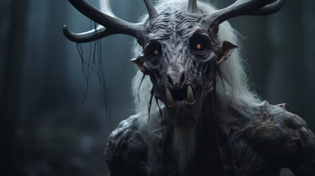 the wendigo hybrid, a mythical creature from native american folklore, is captured in this haunting portrait photograph, its humanoid body and antlers blending seamlessly, evoking a sense of eeriness and mystique, perfect for fans of dark fantasy and supernatural art. ai generatedの素材