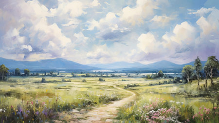 "forest landscape oil painting depicts a serene atmosphere with a winding path disappearing into the distance, surrounded by lush bushes, towering trees, and a vibrant forest, set against a backdrop of soft cumulus clouds, all rendered in a rich, earthy vegetation color palette using bold, textured strokes of a palette knife.", ai generatedの素材