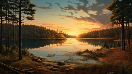 the serene lake, surrounded by majestic pine trees, reflects the vibrant hues of the sky, creating a breathtaking rural landscape that exudes tranquility and peacefulness, perfect for nature lovers and photography enthusiasts seeking a serene escape from urban chaos. ai generatedの素材